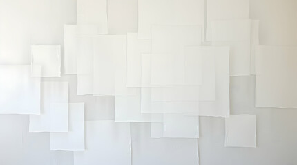 Obraz premium Overlapping white paper sheets create a layered, abstract pattern against a soft, light background. Minimal and serene.