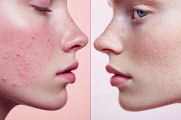Obraz premium Comparison of acne prone skin and flawless skin to highlight dermatology advancements in skincare. Generative AI