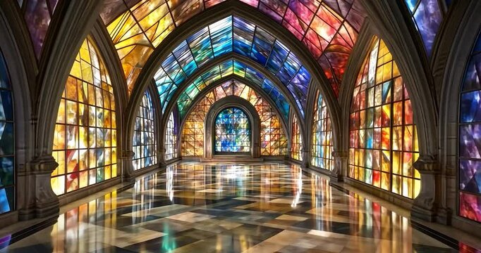 Colorful stained glass windows illuminate a grand hall with a polished floor, creating a majestic and vibrant atmosphere.