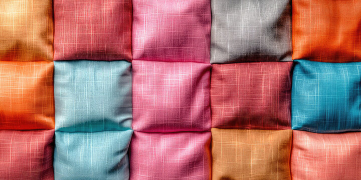 The texture of a colorful multicolored patchwork style quilt. Patchwork plaid from different pieces of fabric. Fabric abstract background.