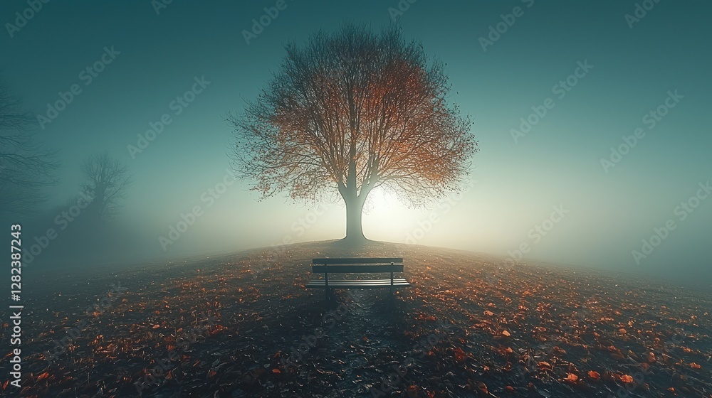 Poster autumn tree on a hill with a bench enveloped in fog. serene scene for reflection