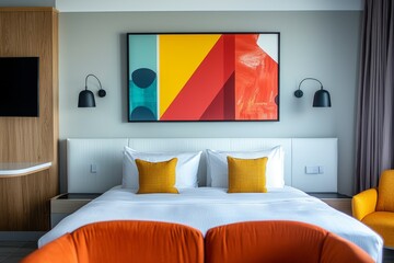 Bright and modern hotel room with vibrant artwork and cozy furnishings