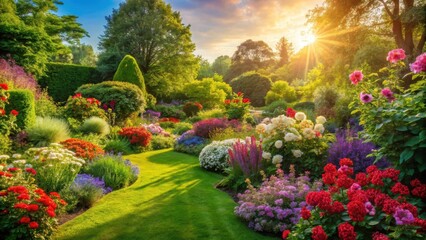 Fototapeta premium Lush garden with vibrant blooming flowers and lush greenery amidst a warm sunny day , outdoor, plants, outdoor, plants