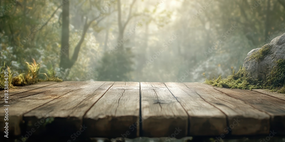 Poster rustic wooden table in a misty forest with soft sunlight