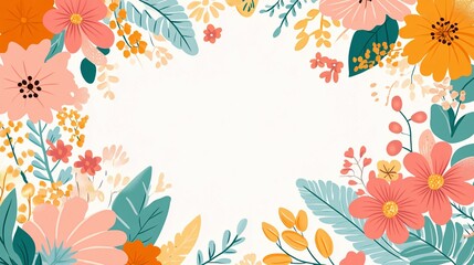 Obraz premium Colorful Flowers and Green Leaves Adorn a White Background
