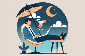 Embracing the flexible work lifestyle. Businessman working remotely from a cocktail glass, enjoying the freedom and flexibility of hybrid work. Work anywhere, anytime concept.