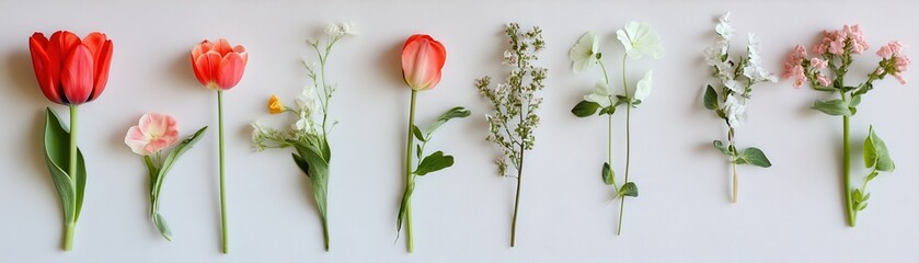 Delicate floral arrangement with red and pink tulips and white blossoms on textured background