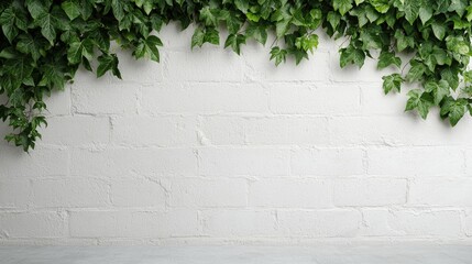 Green ivy on white brick wall background