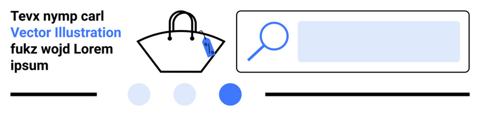 Obraz premium Handbag with a tag, magnifying glass, search bar, and design elements. Ideal for e-commerce, shopping search, product discovery, website design, branding retail flat landing page banner