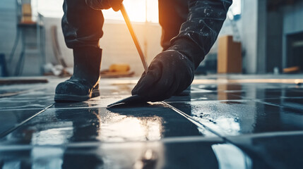 Obraz premium Focused Craftsman: Low-Angle Shot of a Carpenter Tiling with Precision at a Minimalist Construction Site