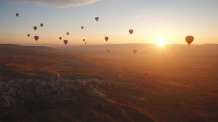 Aerial view of hot air balloons over Cappadocia at sunrise
