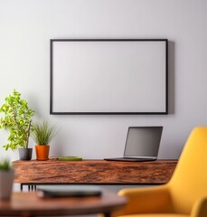 Modern Workspace with Minimalist Decor, Laptop, Plants, and Blank Picture Frame on Wall in Bright Room