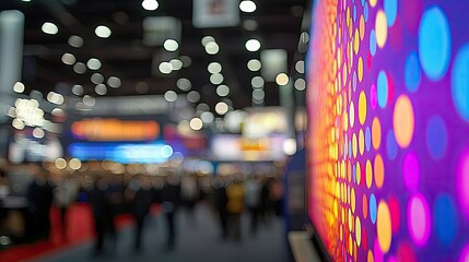 Fototapeta premium Colorful Blurred Bokeh Lights at a Busy Exhibition with Attendees in a Modern Convention Center
