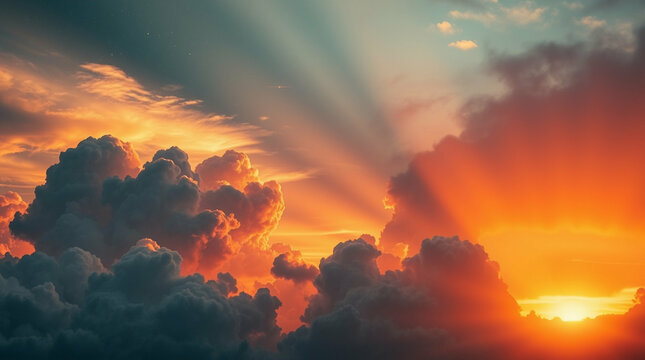Ethereal sunset illuminates the textured cloudscape with celestial rays