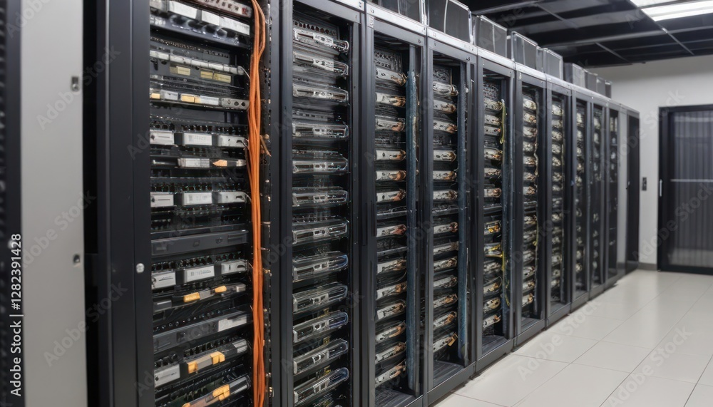 Poster modern data center server room: high-tech infrastructure and network technology
