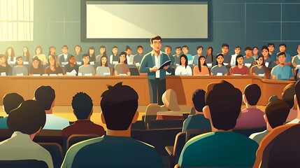 A Man Presents To A Large Classroom Audience