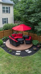 Backyard deck furniture set on lawn for relaxing in a home garden with trees