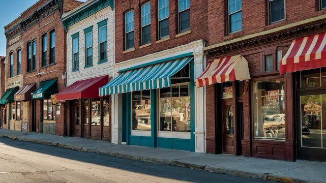 Historic Main Street with Colorful Awnings and Brick Buildings at Golden Hour