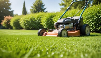 Lawnmower on a Lush Green Lawn in a Sunny Garden