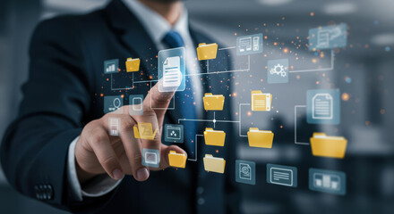 Document management system DMS in business. Digital file archive storage technology. Businessman touching file icon on many folders.