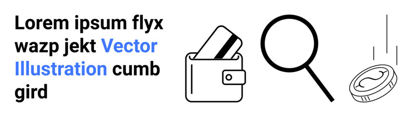 Wallet holding cards, magnifying glass, falling coin, and placeholder text. Ideal for online shopping, finance apps, investment tools, search engine digital transactions fintech UI design. Landing