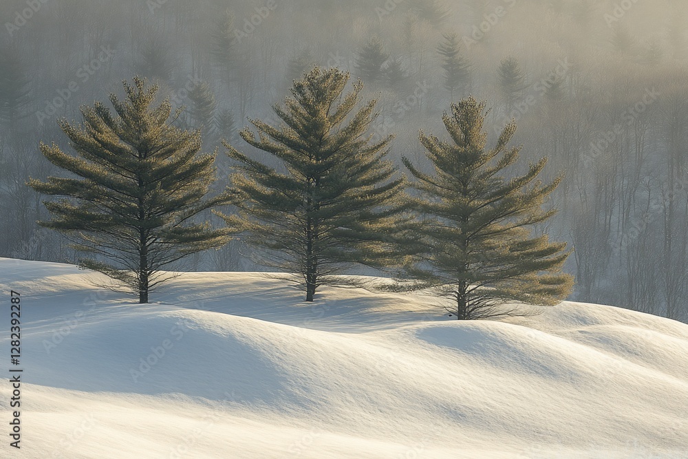 Aufkleber three pine trees stand on a snow-covered hill, bathed in soft morning sunlight, with a hazy forest b