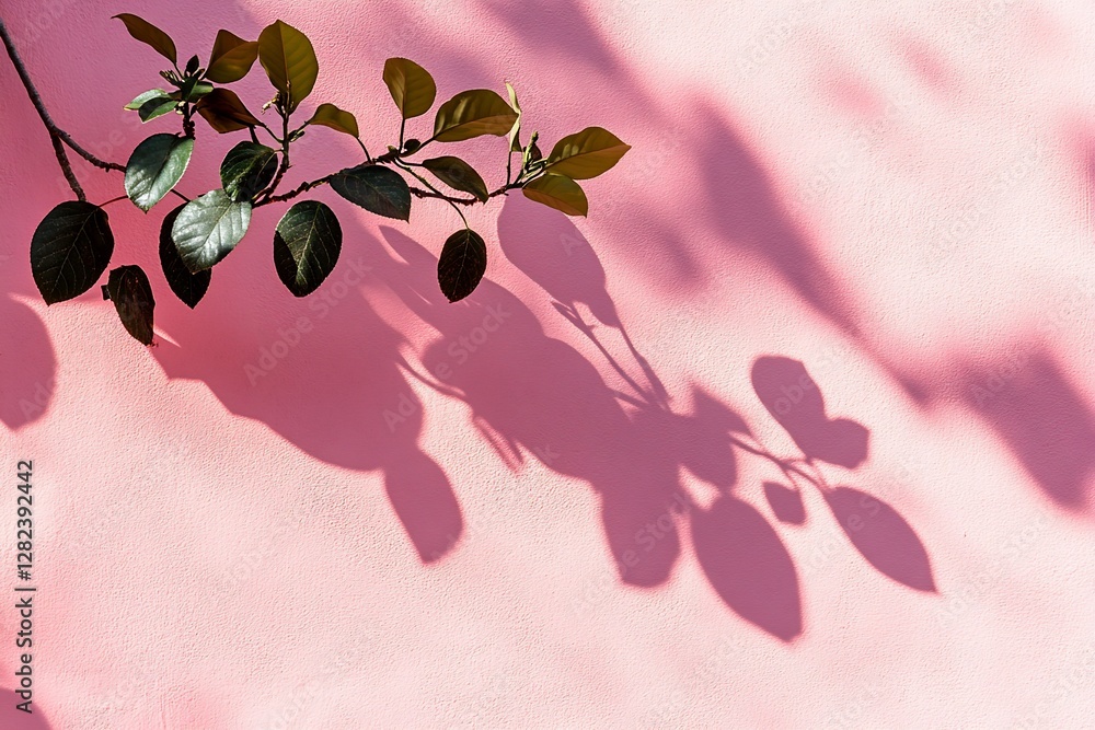Poster branch with green leaves casting shadows on a pink background.