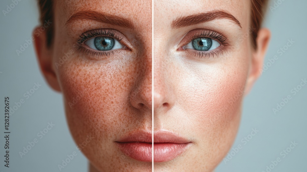 Aufkleber Comparison of aging effects on a womans skin showcasing visible wrinkles on one side and smooth skin on the other. Generative AI