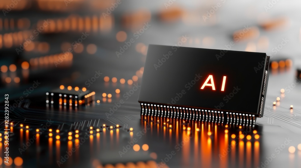 Poster close-up view of futuristic computer chip with ai inscription on circuit board and glowing component