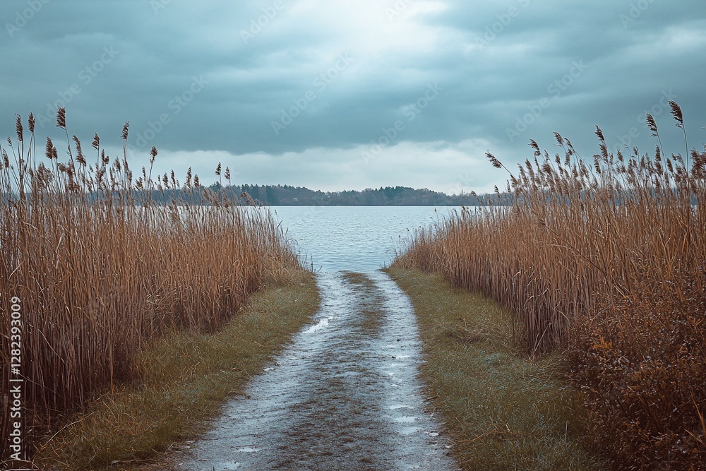 Aufkleber Serene path through reeds leading to a calm lake under a cloudy sky.