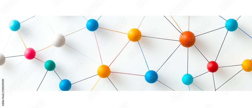Poster vibrant network connection design with colorful strings and light brown wooden beads on white backgr