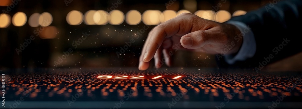 Poster hand reaching out to digital interface with number display and sparkling lights in modern business s