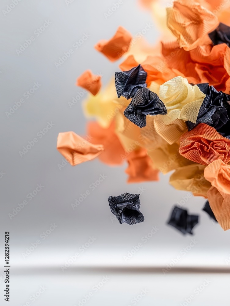 Poster colorful crumpled paper pieces floating against a soft background in a creative and abstract composi