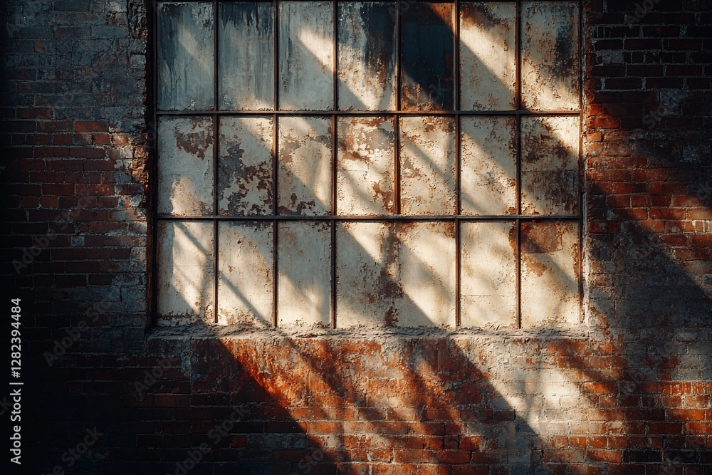 Poster sunlight streams through a rusty window in an old brick wall, casting shadows.