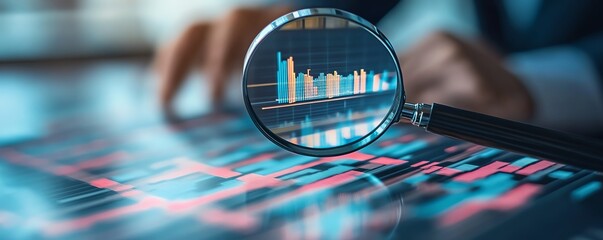 Financial chart under magnifying glass, with growing building graph, businessman consultant analyzing stock market data, visual representation of business growth and success
