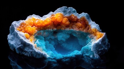 Vivid orange and blue mineral geode, dark background, science sample
