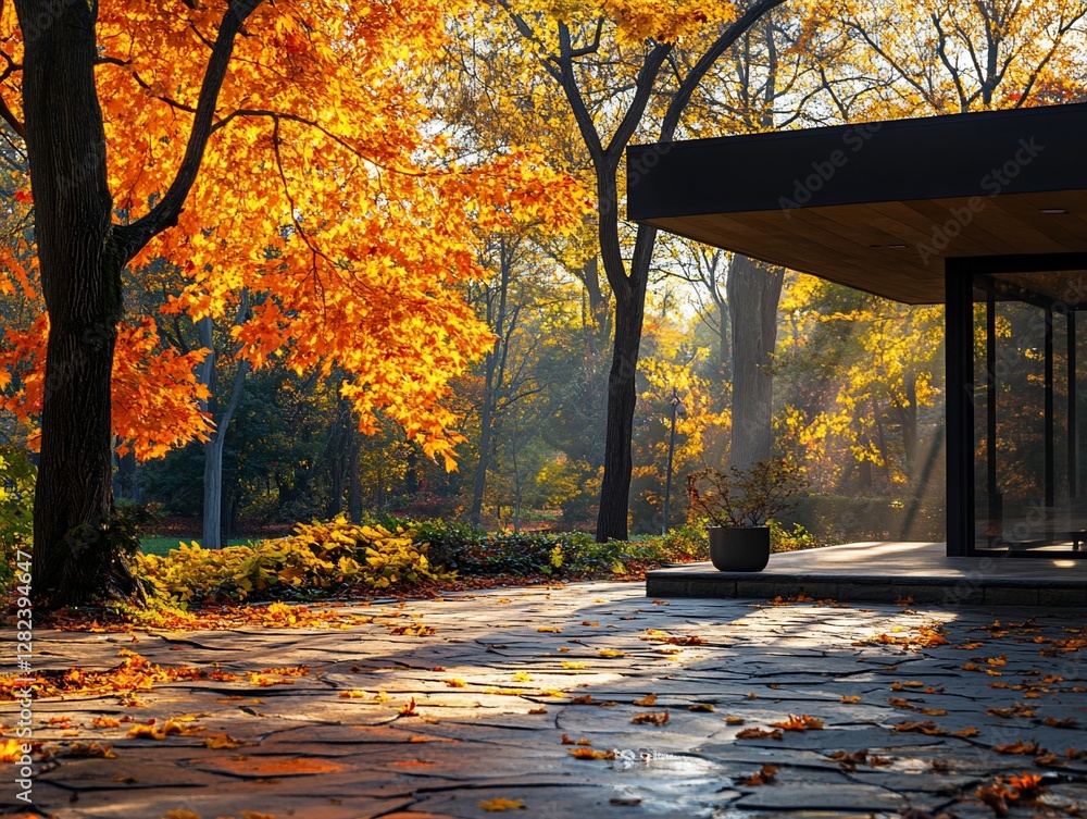Aufkleber sunlit autumn scene with modern architecture and vibrant fall foliage.