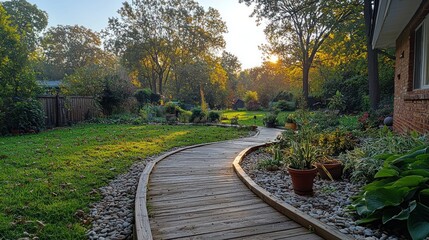 Fototapeta premium Backyard path winds through lush garden. Trees and sunlight create a tranquil scene