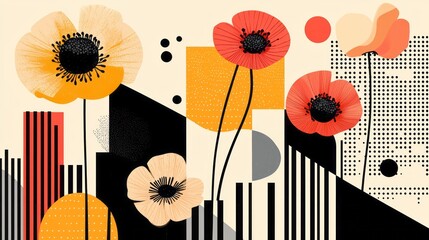 Abstract floral arrangement with colorful geometric shapes and patterns