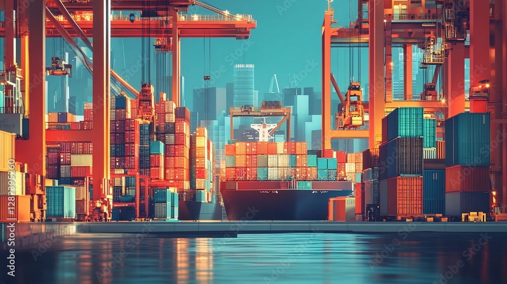 Poster a busy port with cargo ships being loaded and unloaded by large cranes and containers stacked