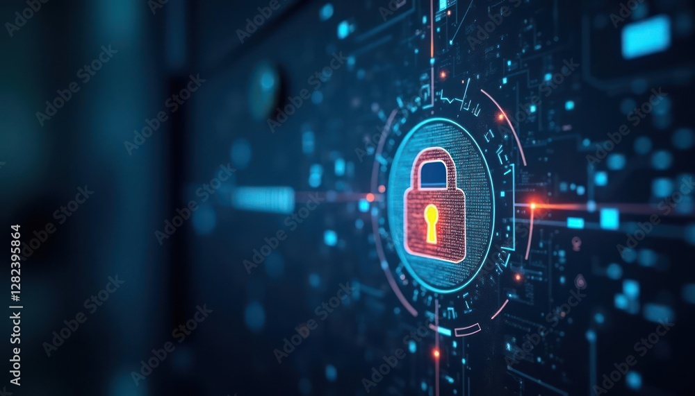 Poster cybersecurity: digital lock and key to data protection