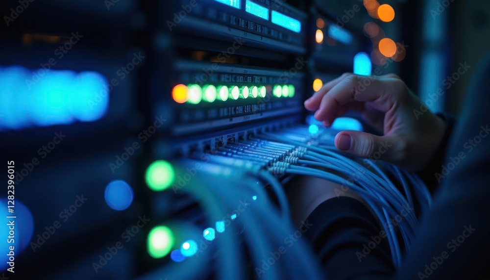 Poster data center technician working on network server