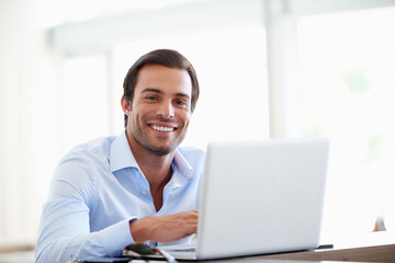 Fototapeta premium Office, businessman and accountant with laptop in portrait, finance audit and smile for bookkeeping. Research, male person and auditor with tech for financial statement, online report and tax review