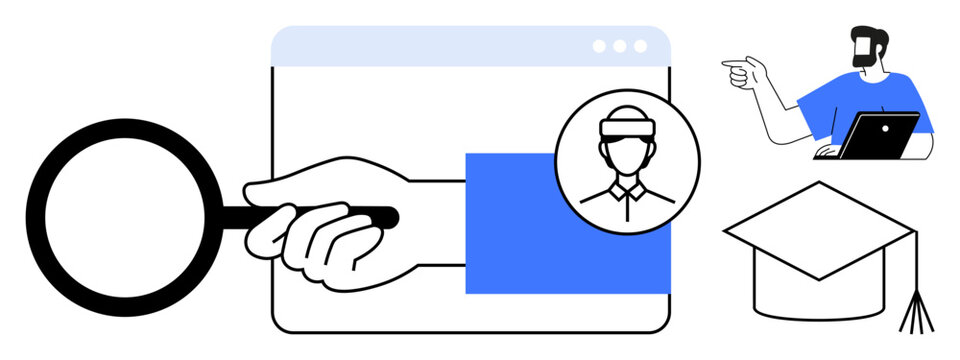 Hand holding magnifying glass over browser window, examining student profile. Instructor with laptop pointing, graduation cap nearby. Ideal for education, e-learning, analysis, research, teaching