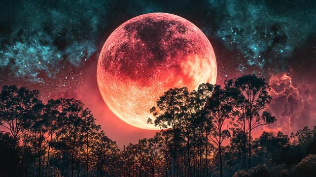Enchanting forest silhouette against a vibrant red moon and cosmic night sky.