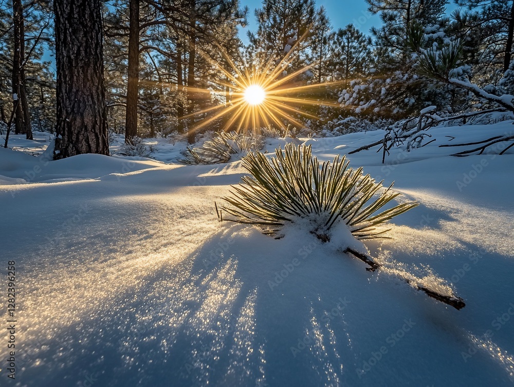 Poster Sunburst through snow-covered pine forest with a single pine branch in the foreground.