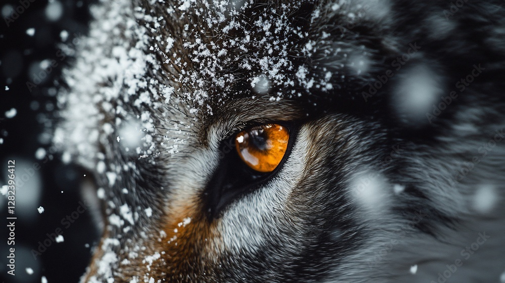 Poster close-up of a wolf's eye covered in snowflakes during a snowfall.