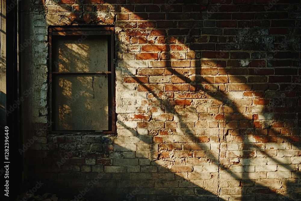 Poster sunlight casts shadows on a weathered brick wall with a window.