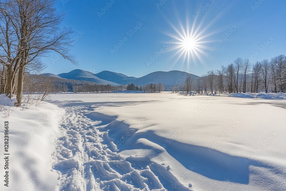 Poster snow-covered path leading to a frozen lake with mountains and a bright sun in the background.