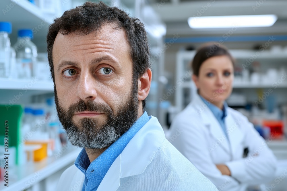 Poster In Technology Research Facility: Chief Engineer Stands in the Middle of Lab and Uses Tablet Computer Team of Industrial Engineers, Developers Work on Engine Design Use Digital Whiteboard and